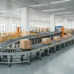 Premium realistic editorial photograph of a clean modern automated parcel sorting hub in China with orderly conveyors and packages, bright neutral light