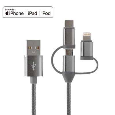 3-in-1 MFi Braided Nylon Cable — Lightning / Micro USB / Type-C multi-function charging