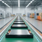 Realistic editorial photograph of a clean current-generation battery manufacturing supply chain, with inspected battery modules moving between an orderly production line and a supplier logistics area in neutral daylight
