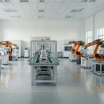 Realistic premium editorial photograph of several distinct modern Chinese robotics prototypes being evaluated inside a clean bright engineering laboratory, natural materials and restrained colors, no neon effects