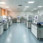 Realistic premium editorial photograph of a modern Chinese healthcare environment connecting preventive screening, rehabilitation technology and professional clinical services, bright natural light, clean restrained palette