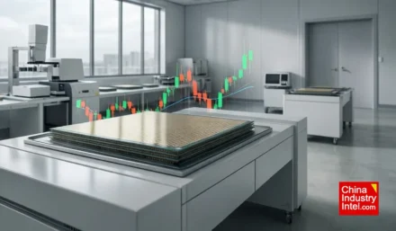 A semiconductor wafer with stock market graph overlay, reflecting volatility in chip stocks.