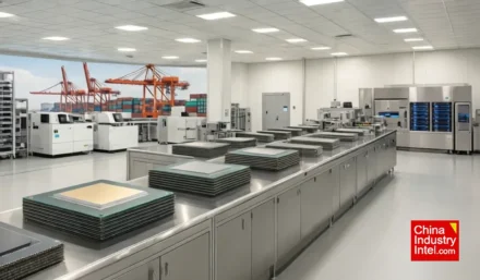 A clean modern semiconductor fabrication facility with wafers and equipment, representing the DRAM supply agreement between CXMT and Tencent.